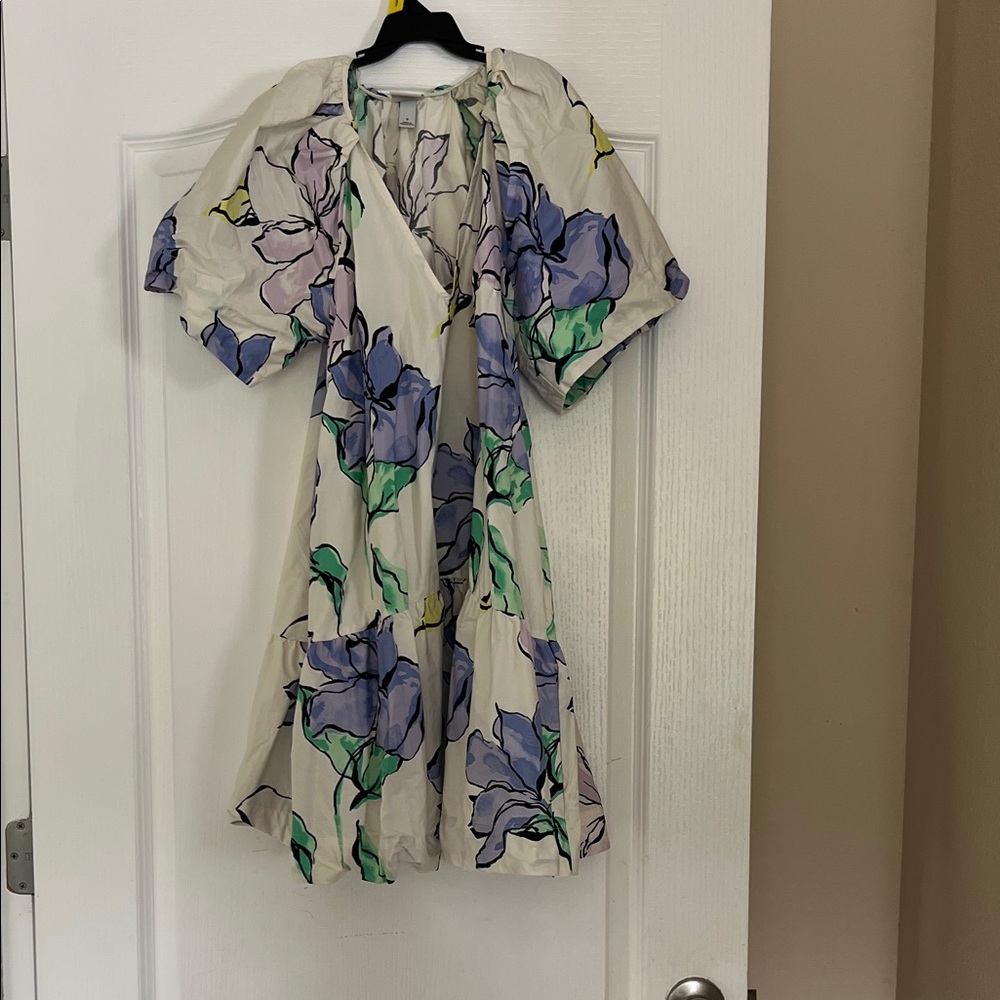 A New Day White Dress with Green and Black Floral Pattern